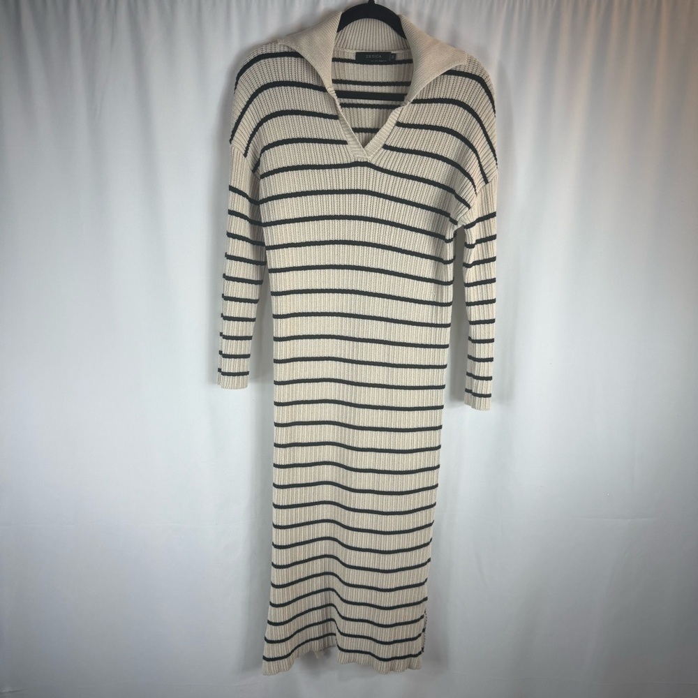 Zesica V -Neck Elegant Cream and Black Striped Long Sleeve Dress Size:M